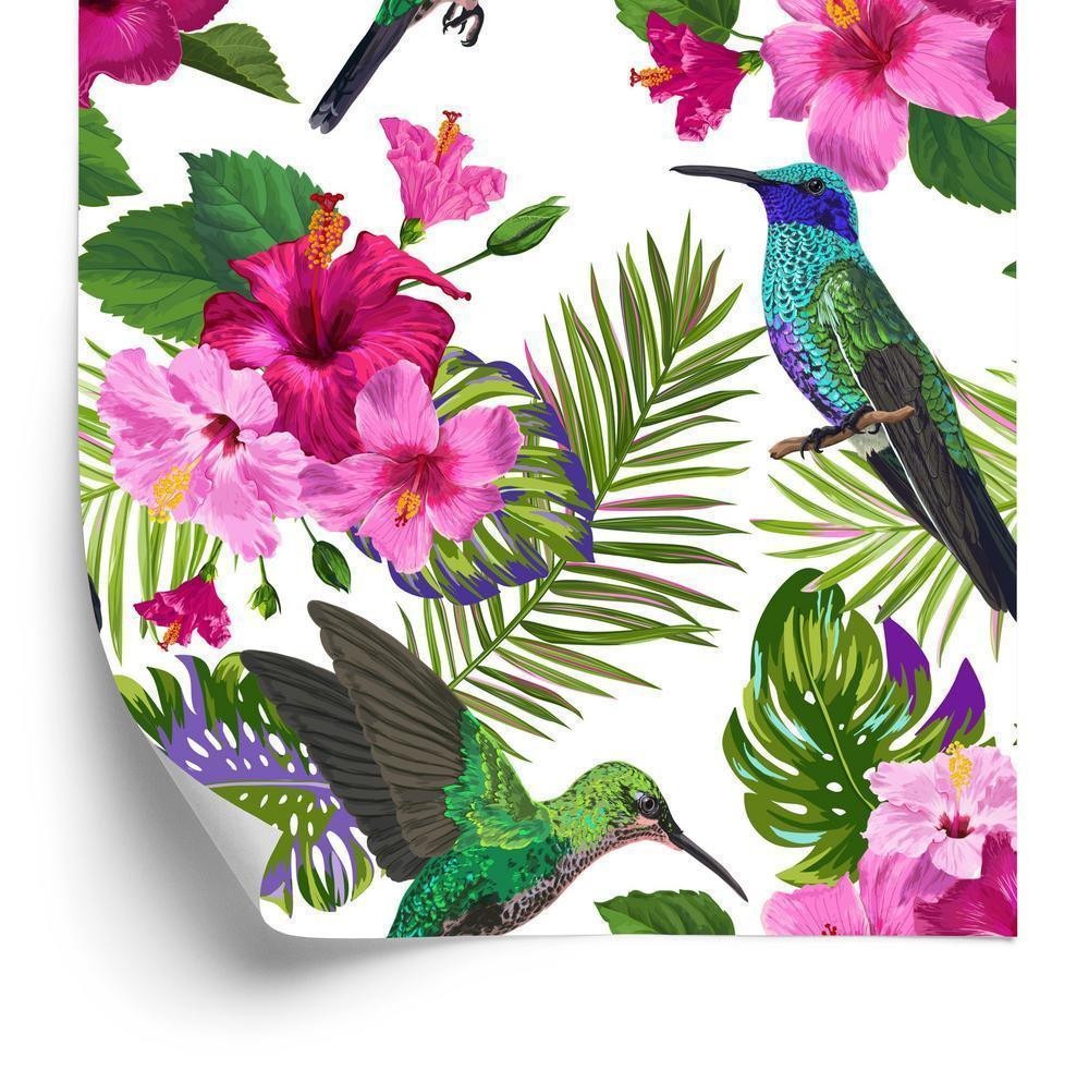 Tapet tropical - Farverige hummingbird blade og blomster