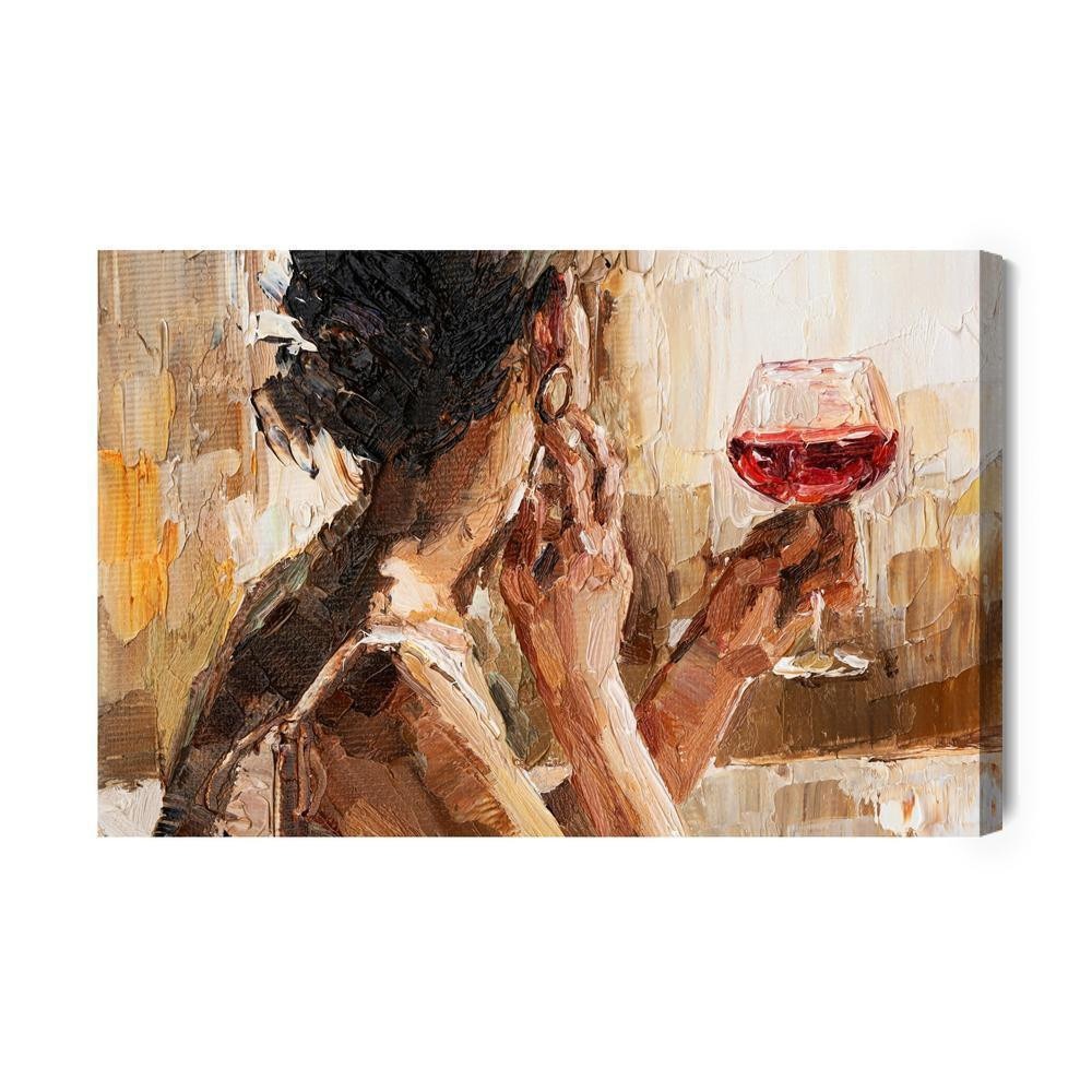 Lærred - Fragment of artwork where beautiful attractive young woman holding a glass of wine. oil painting on canvas.