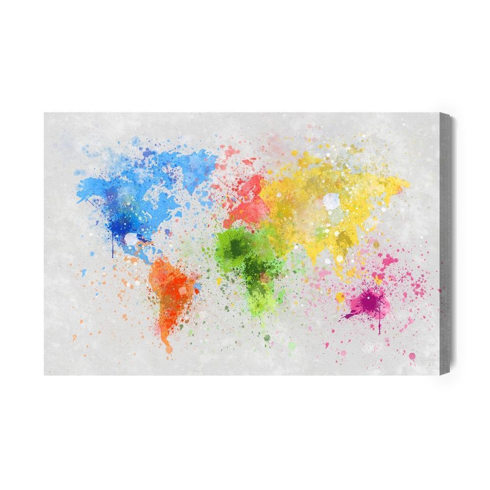 Lærred - Farverigt verdenskort malet i akvarel