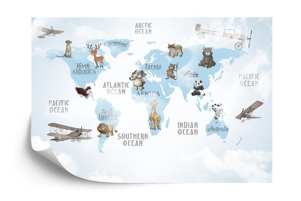 Fototapet - Animals world map for kids wallpaper design