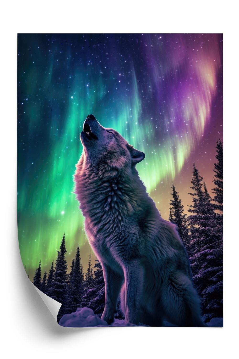 Plakat - Hylende ulv og nordlys