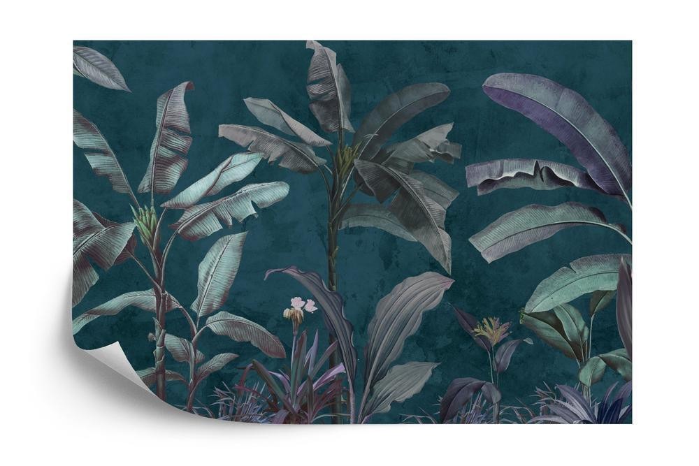 Fototapet - Tropical trees wallpaper design banana trees and plants dark background pattern design mural art.