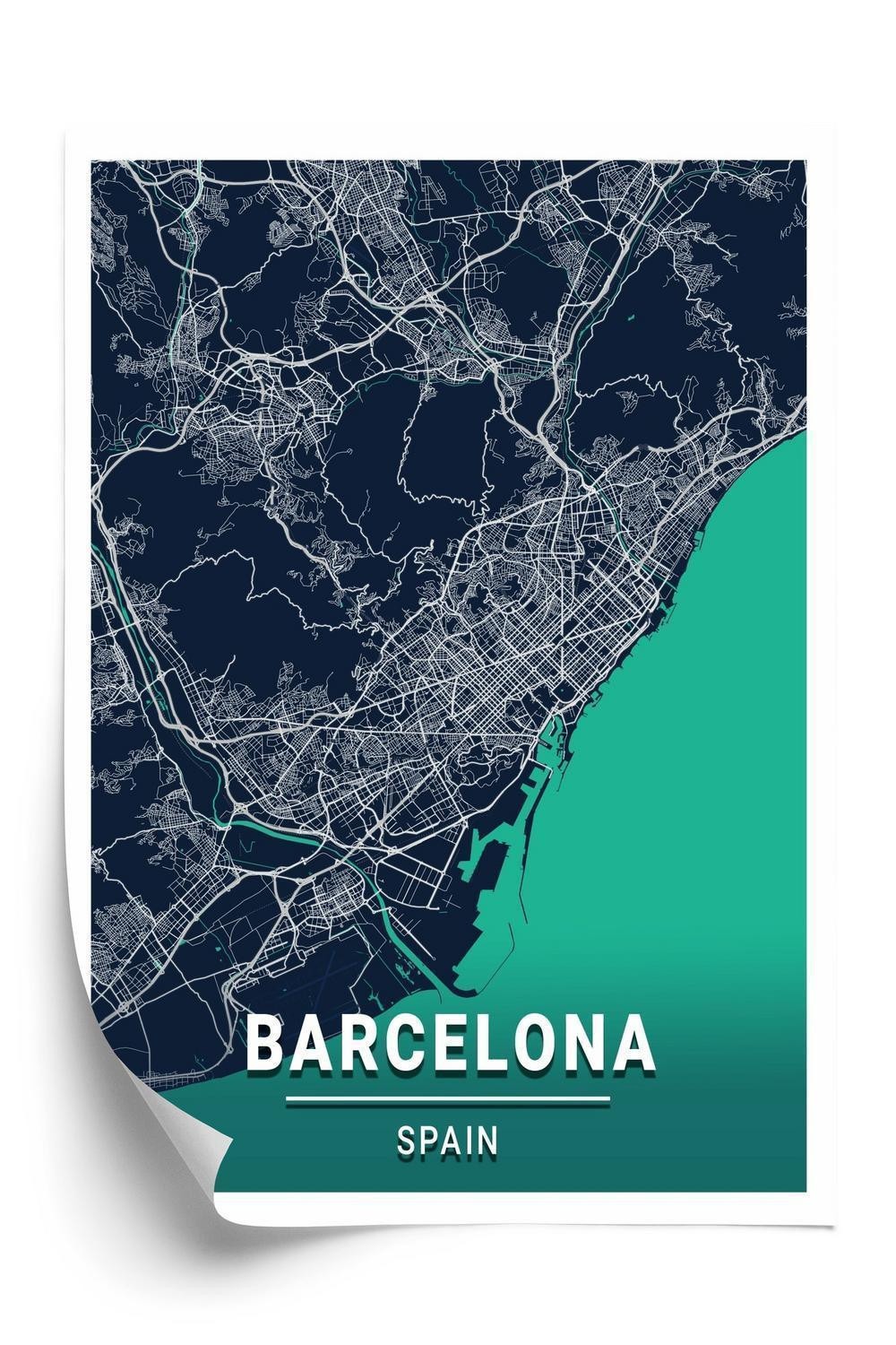 Plakat - Marineblå kort over barcelona