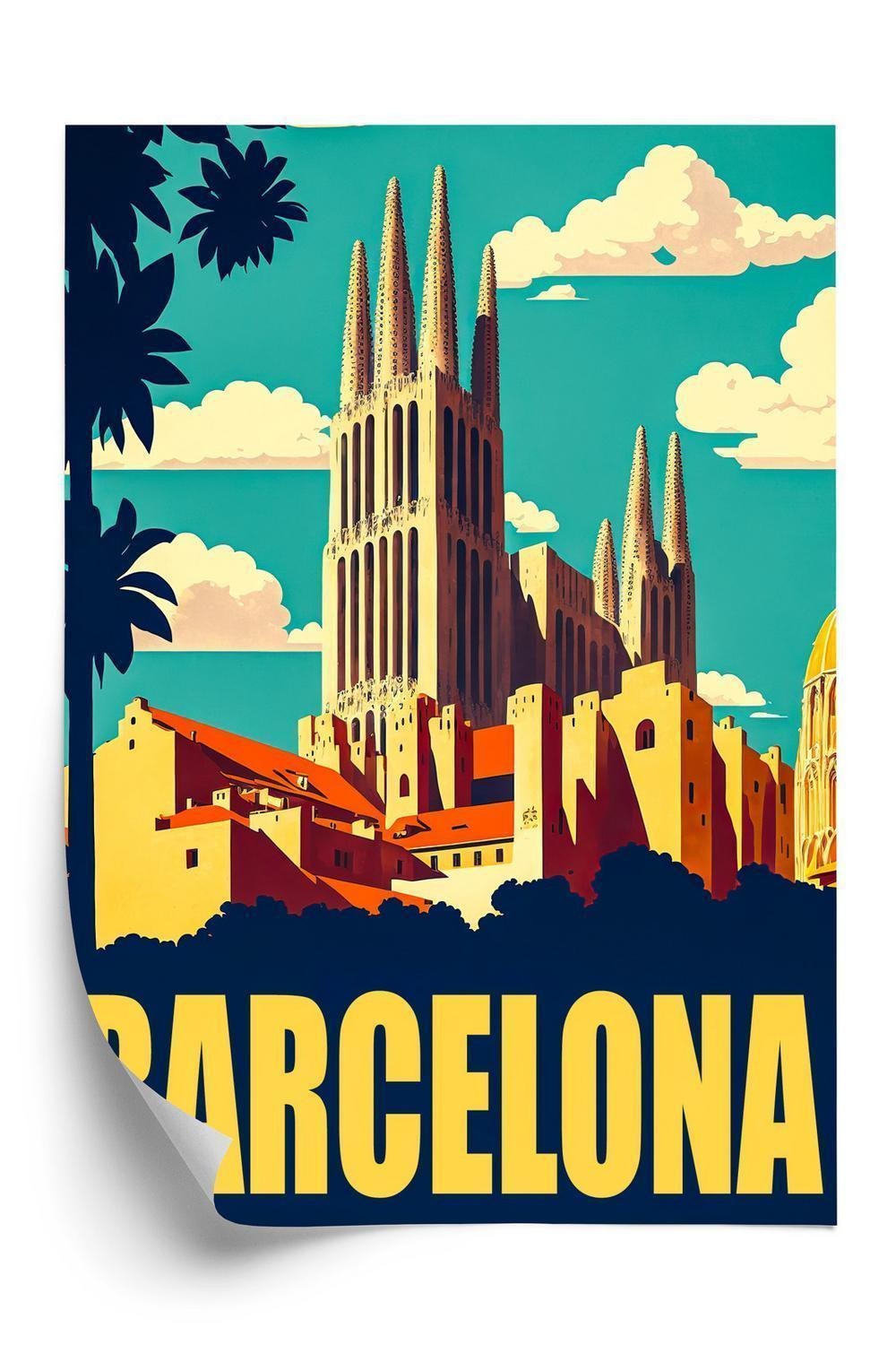 Plakat - Indskriften barcelona med sagrada familia i baggrunden