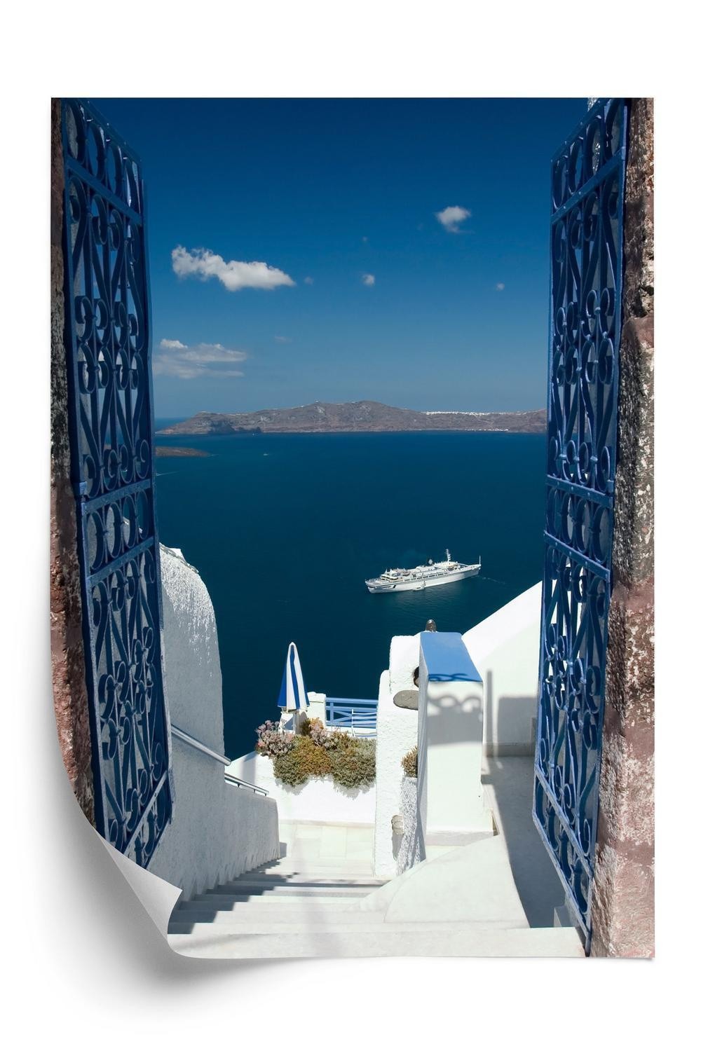 Plakat - Santorini blå port med udsigt over havet