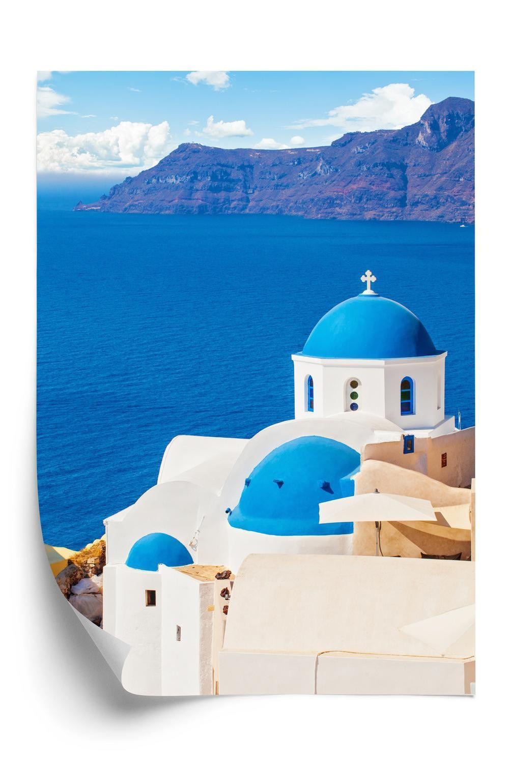 Plakat - Santorini landskab med en hvid kirke og udsigt over det blå hav