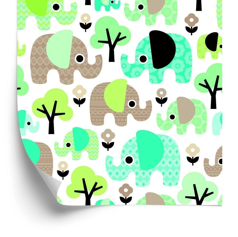 Tapet - Elephants tree flowers green boys room