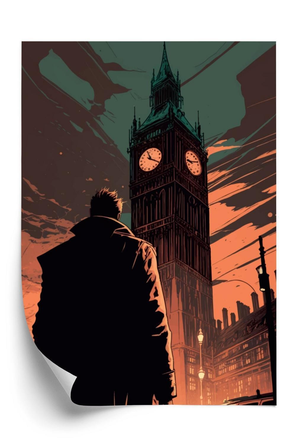 Plakat - En mand og big ben i tegneseriestil