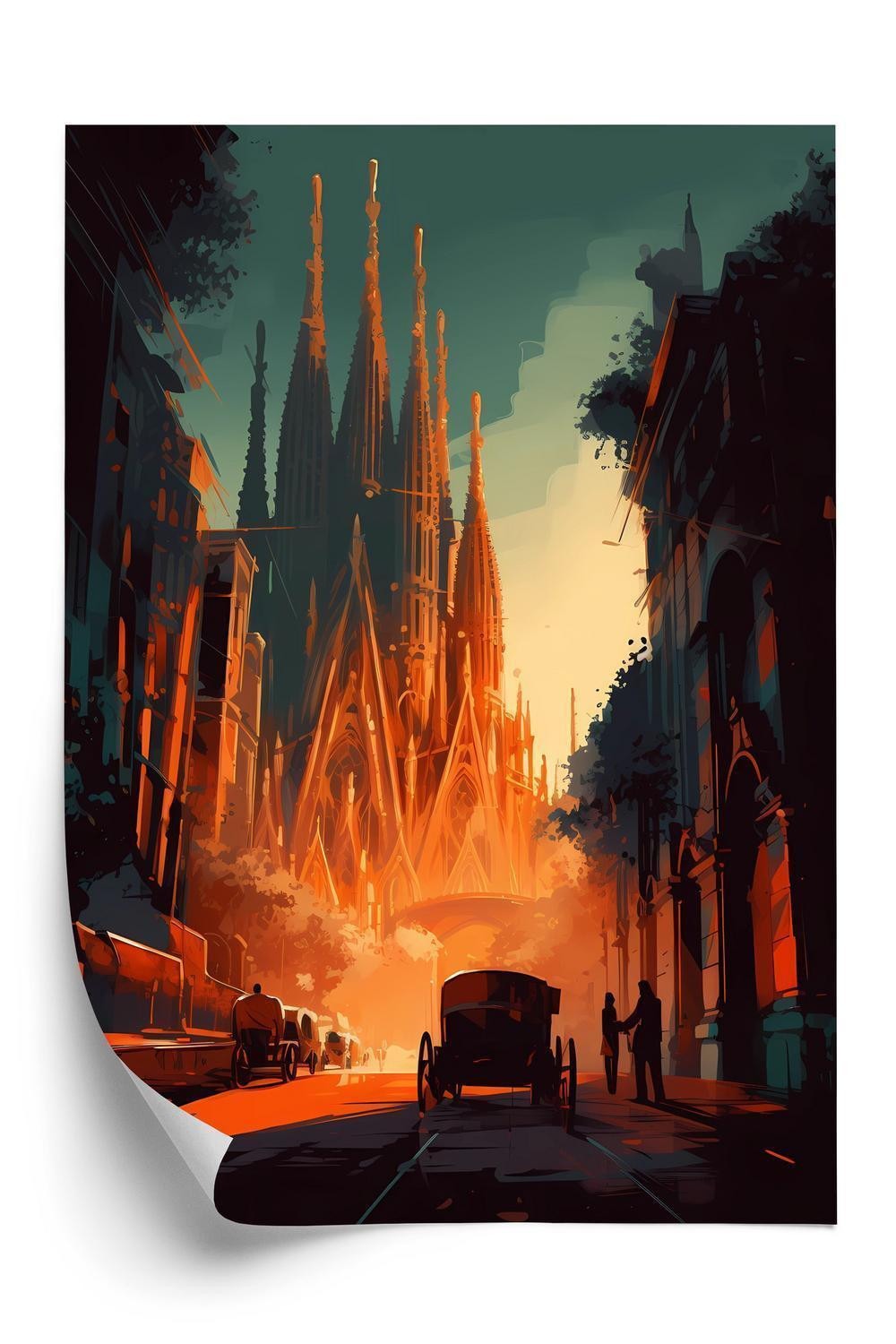 Plakat - Sagrada familia kirke og solnedgang