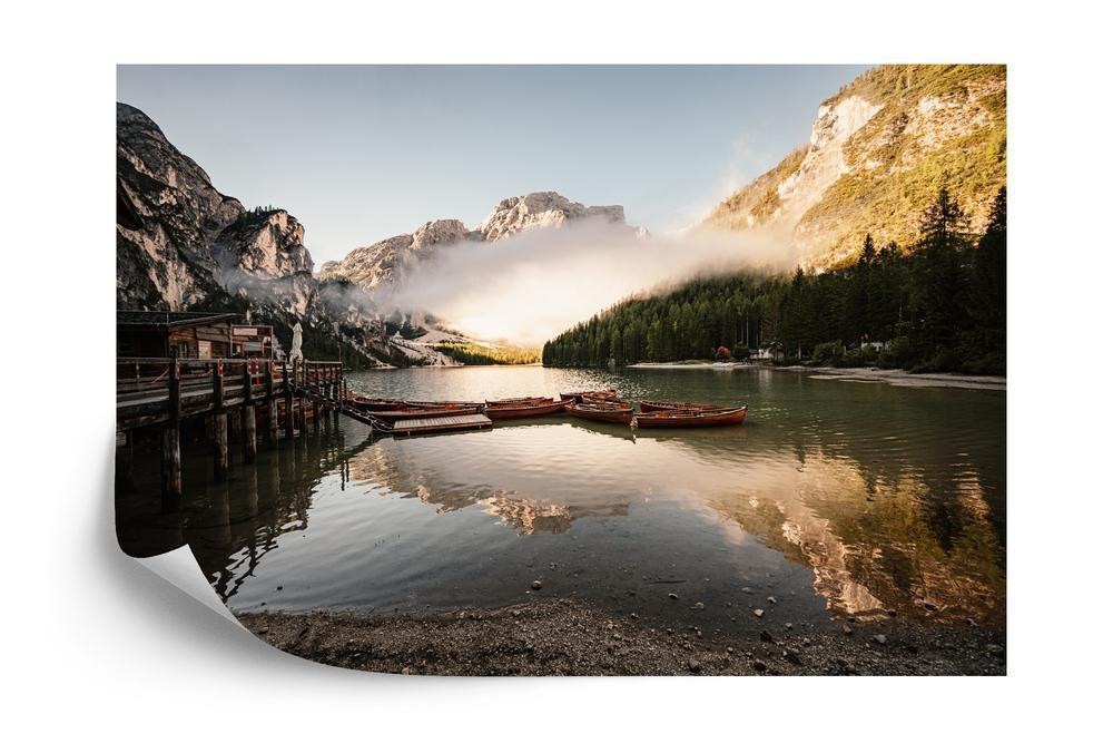 Fototapet - Boats on the braies lake pragser wildsee in dolomites mountains sudtirol italy dolomite.