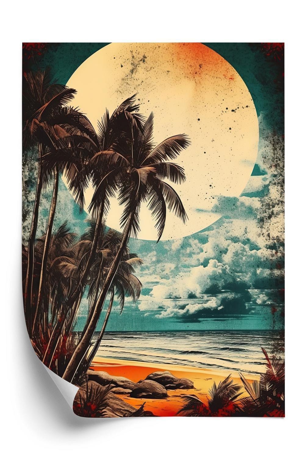Plakat - Tropisk strand med sol og vintage palmer
