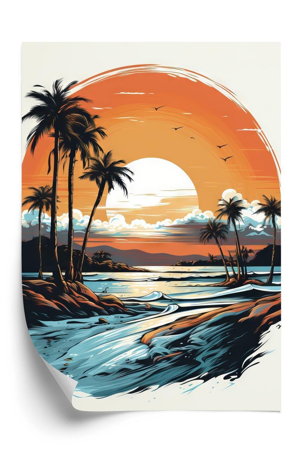 Plakat - Solnedgang med palmer og hav