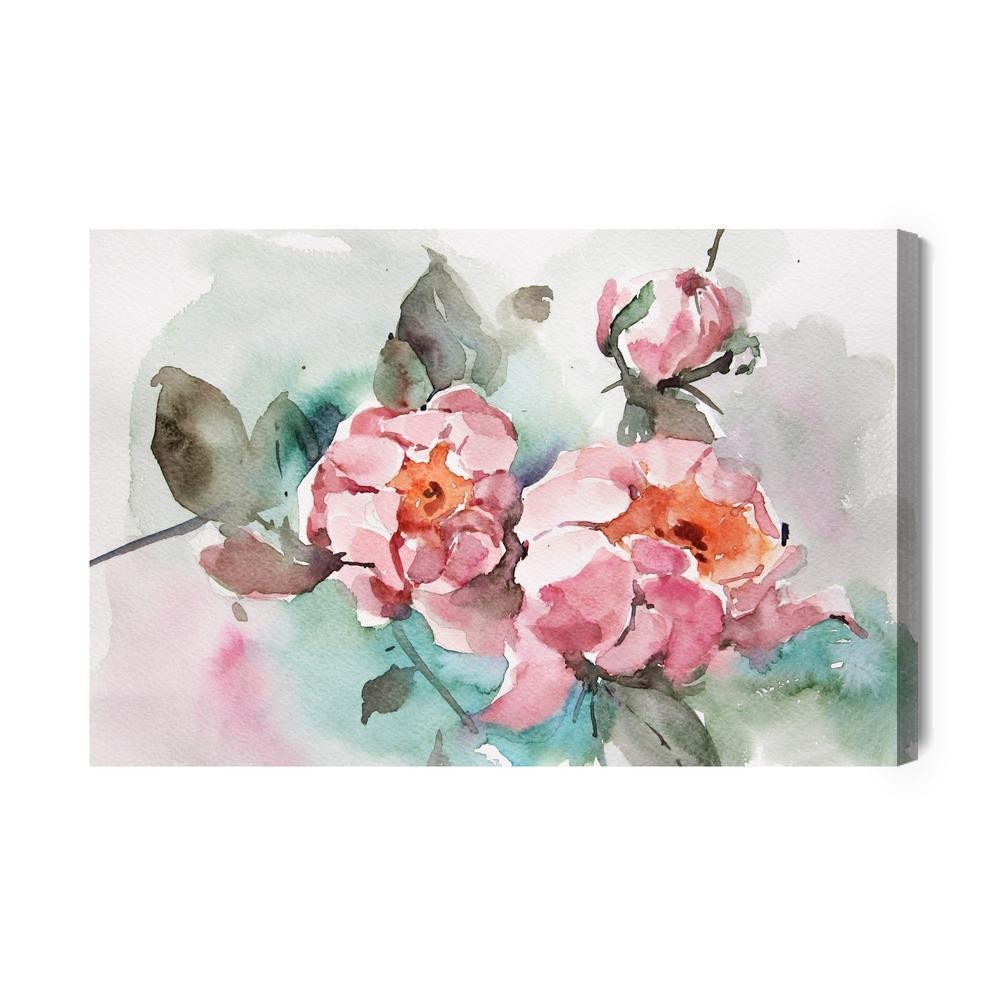 Lærred - Pastelroser og blade malet med akvarel