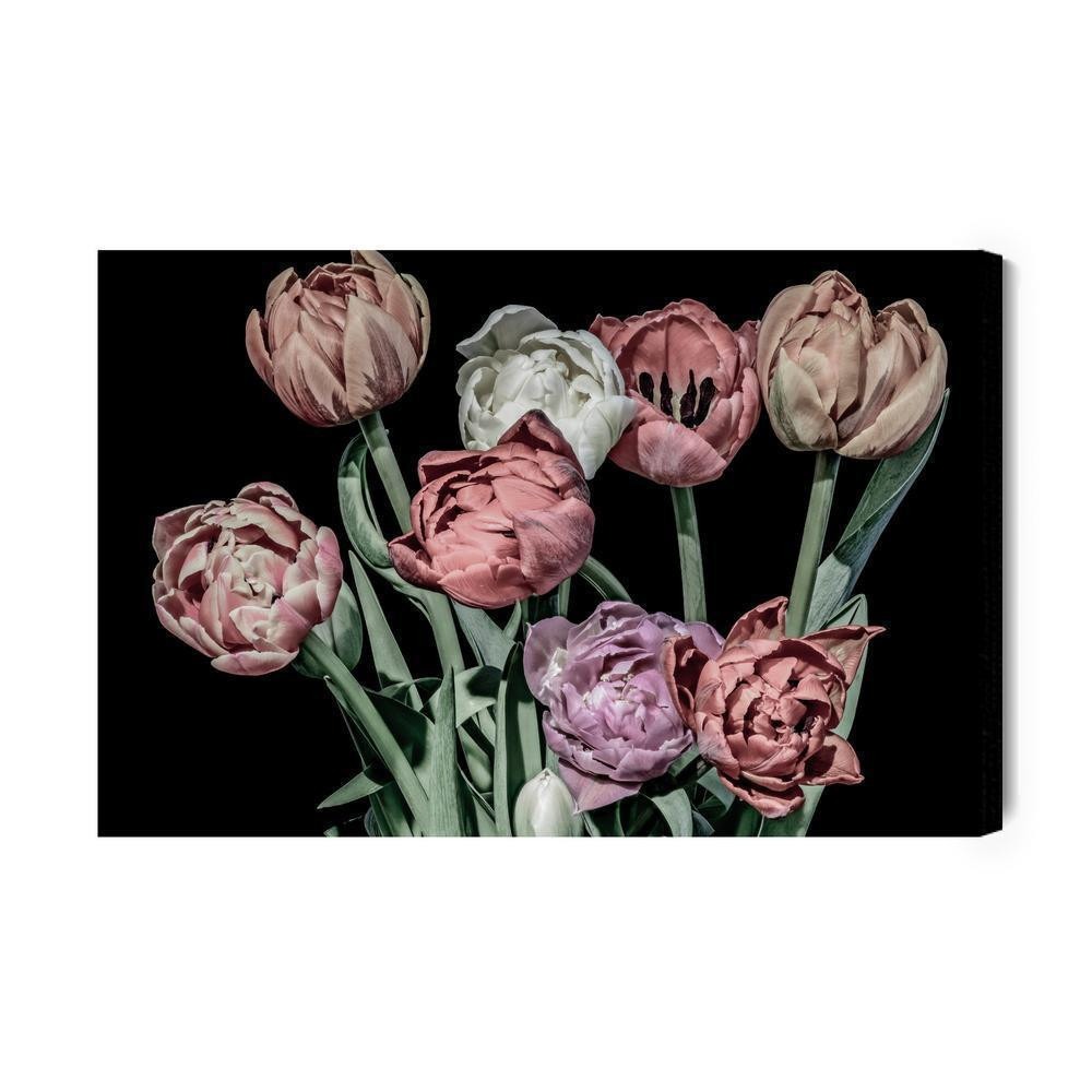 Lærred - Pastel tulipaner på sort baggrund