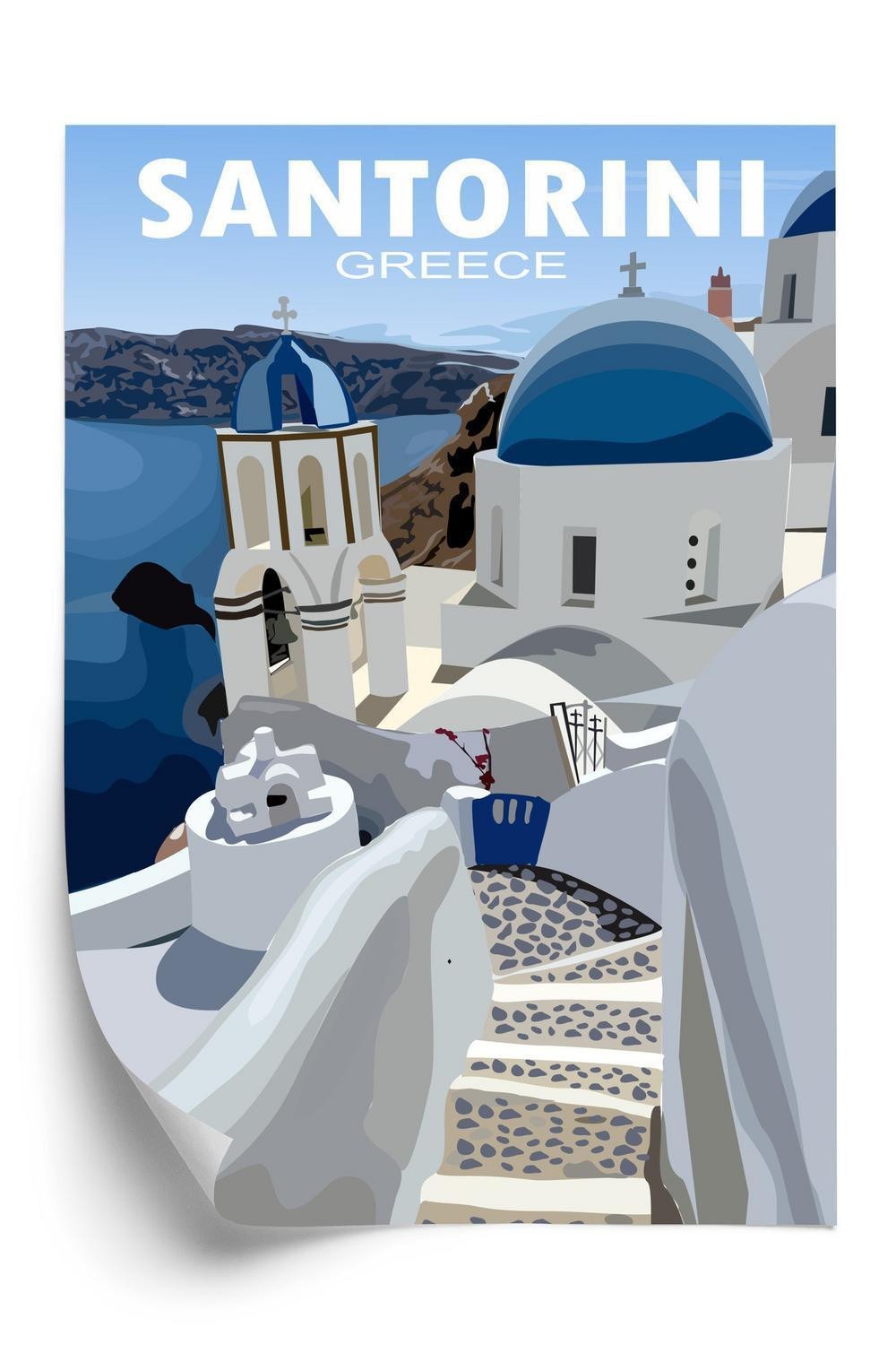 Plakat - Typiske græske bygninger med blå tage på santorini