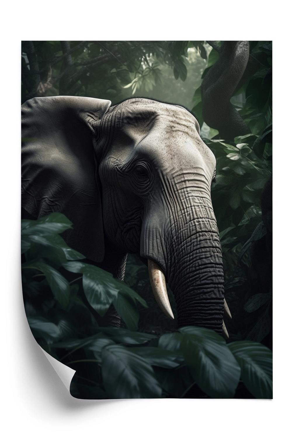 Plakat - Frodig junglevegetation og en elefant