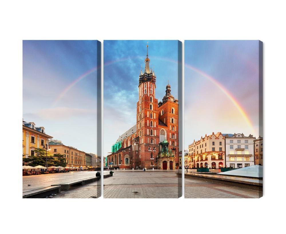 Flerdelt lærred st. marys basilica i krakow mod en regnbuebaggrund