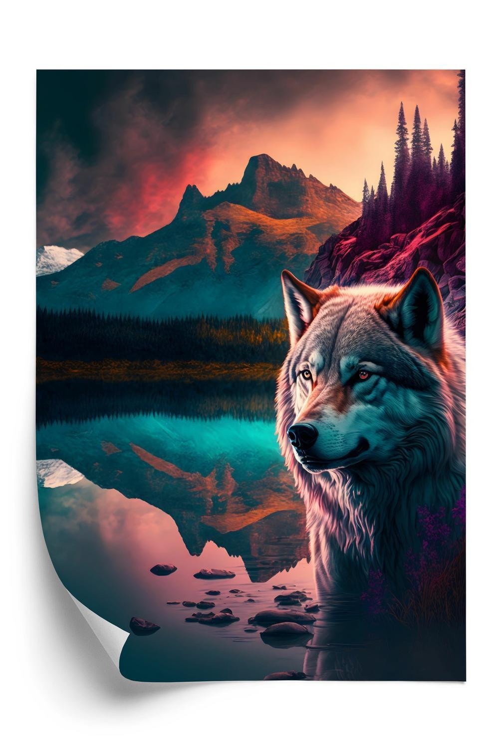 Plakat - Majestætisk ulv oplyst med levende farverigt lys i bjergene