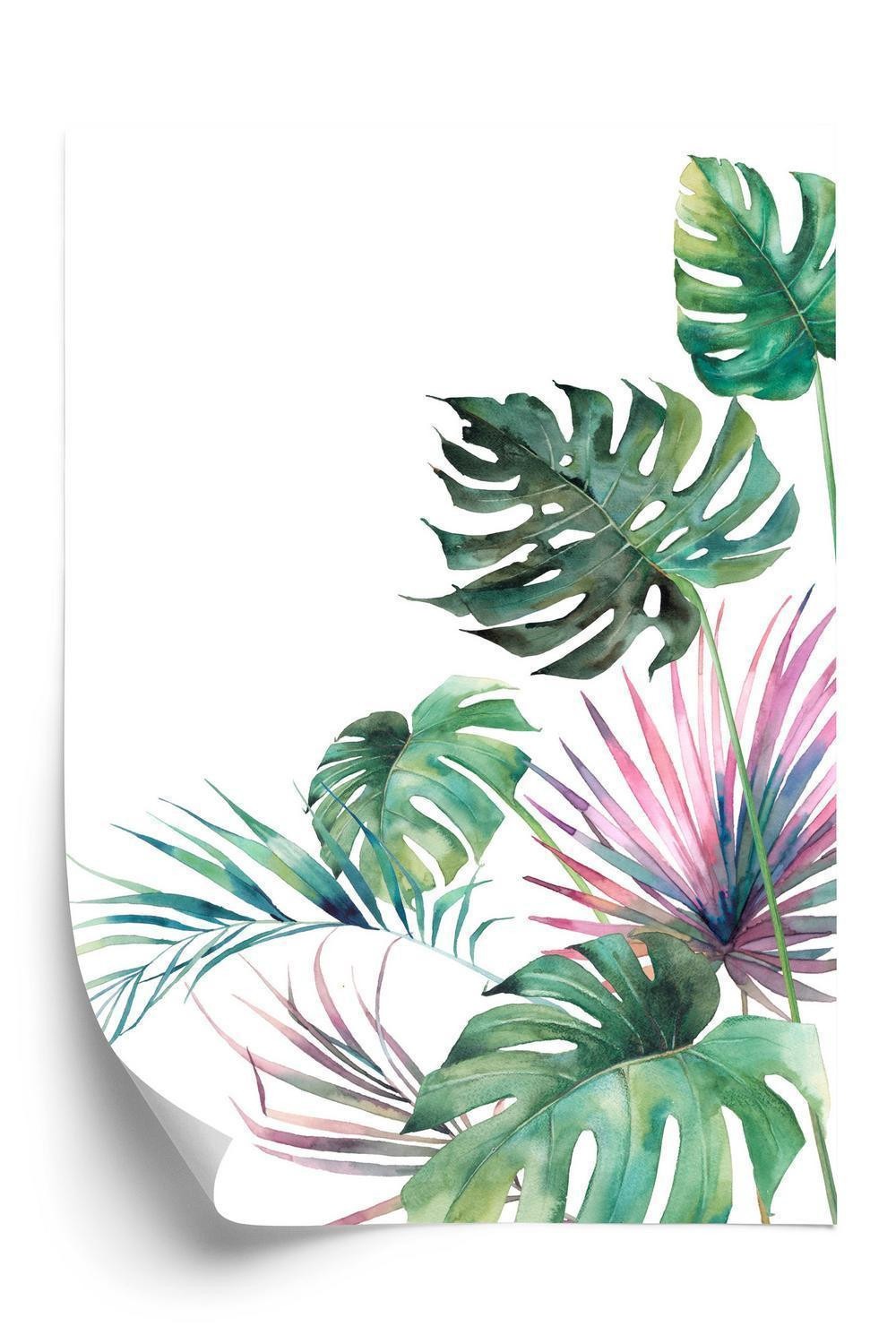 Plakat - Botanisk mønster af akvarel monstera og palmeblade