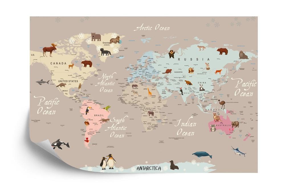 Fototapet - Animals world map for kids wallpaper design