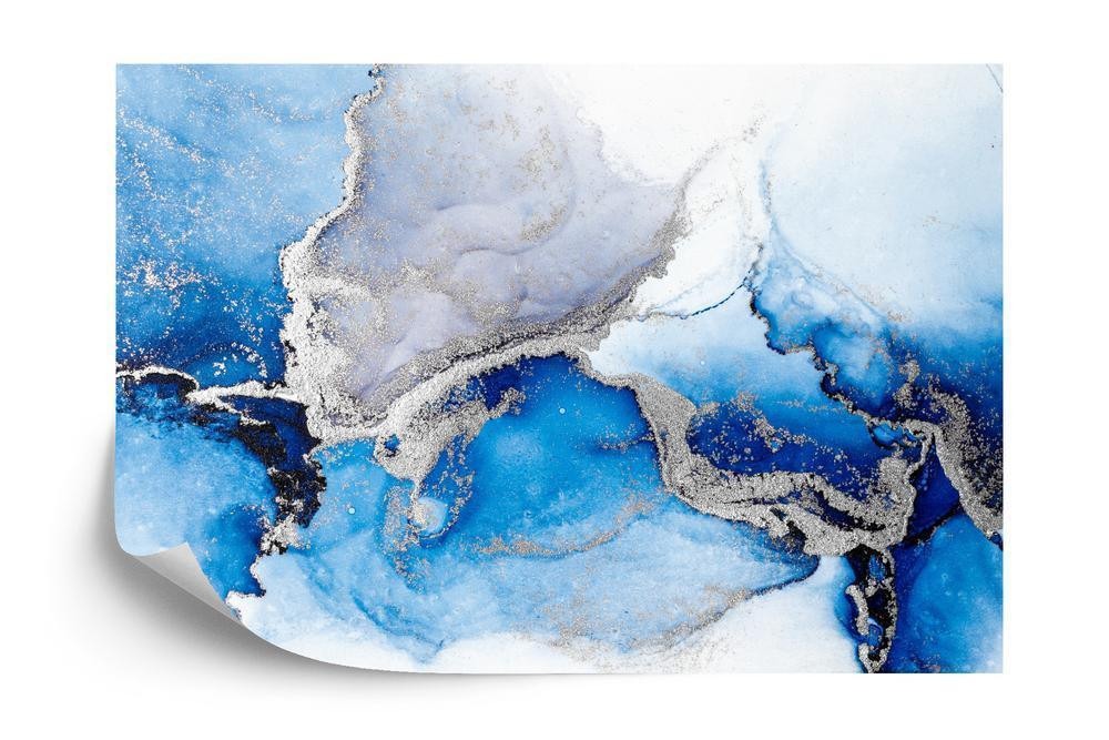 Fototapet - Blue silver abstract background of marble liquid ink art painting on paper