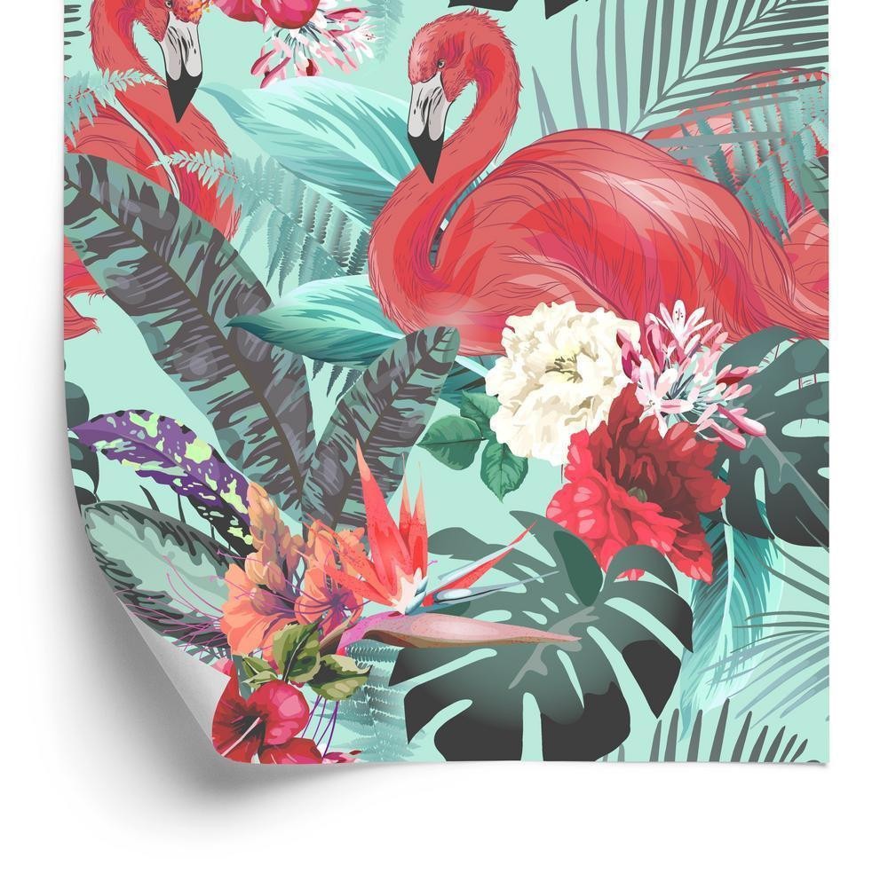 Tapet - Flamingoer natur blomster til stuen