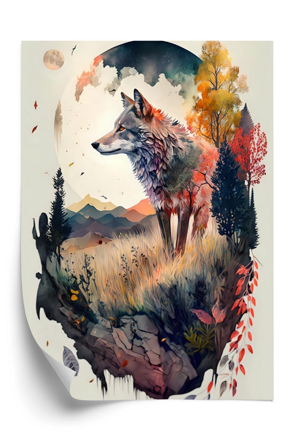Plakat - Farverig ulv i et naturligt landskab