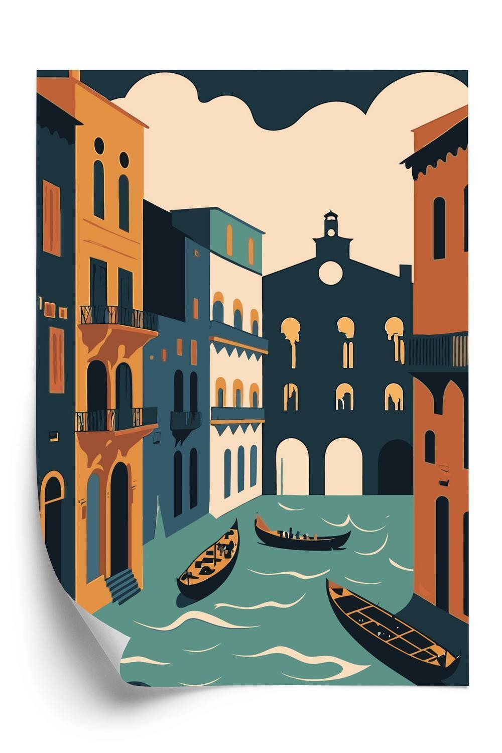 Plakat - Canal grande med gondoler i venedig illustration