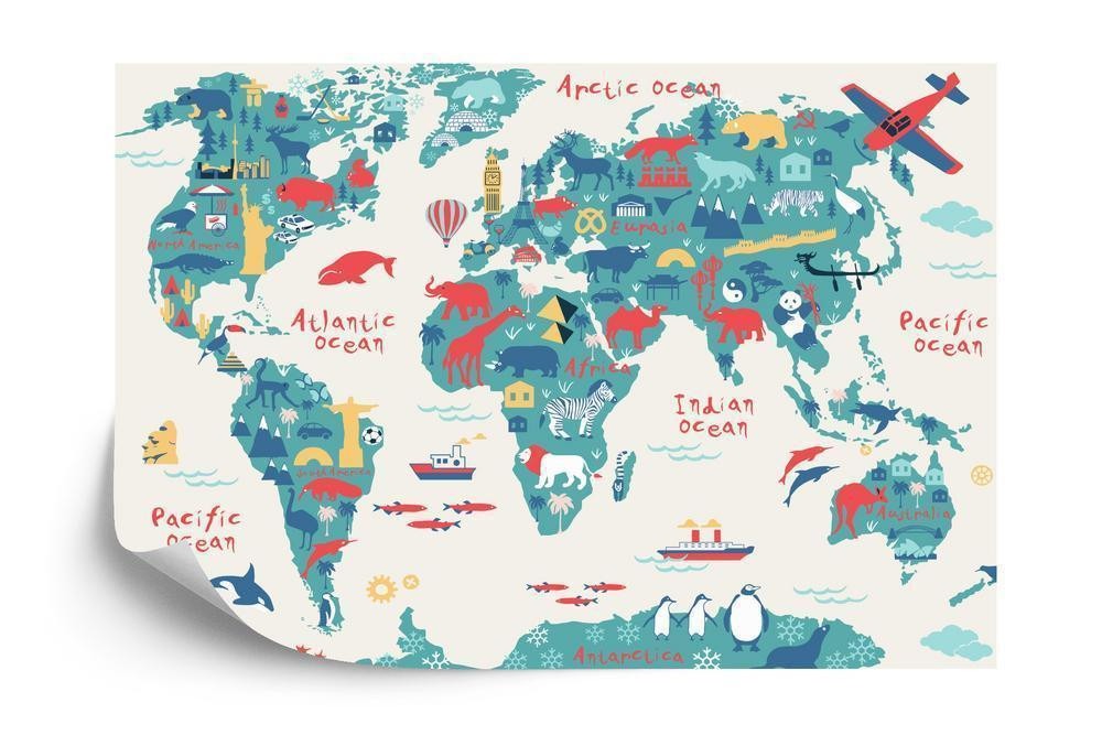 Fototapet - Map of the world wallpaper design for childrens room. cute design animals and builds culture mural art.