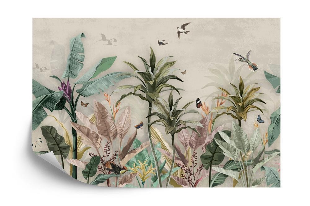 Fototapet - Wallpaper palm tropical forest vintage jungle pattern with birds