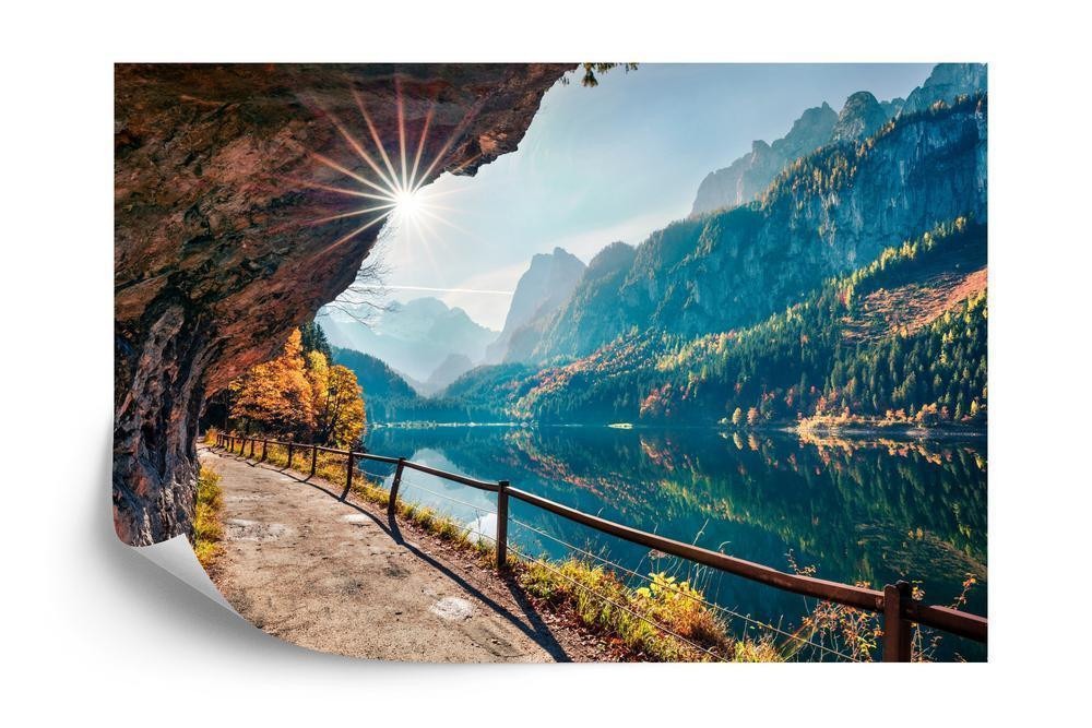 Fototapet - Sunny autumn scene of vorderer ( gosausee ) lake. colorful morning view of austrian alps upper austria eur