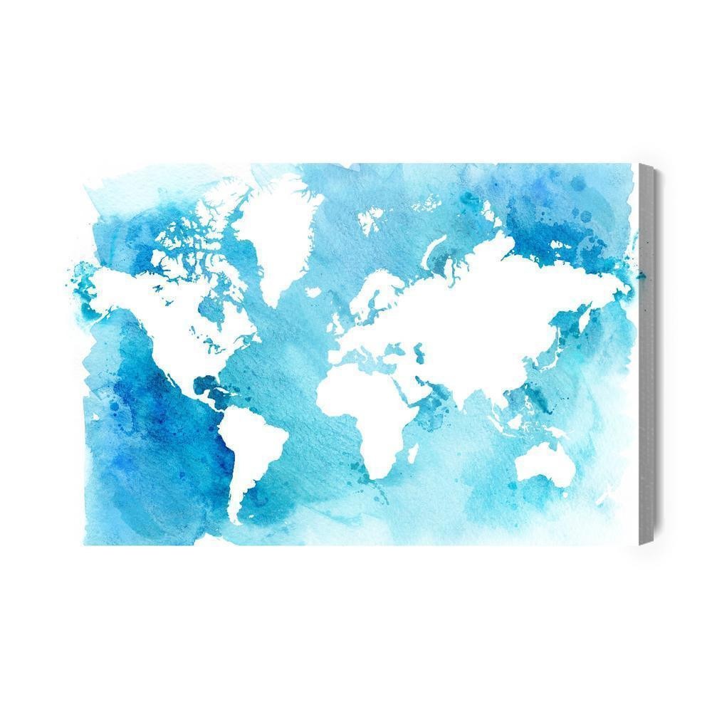 Lærred - Blå og hvid verdenskort