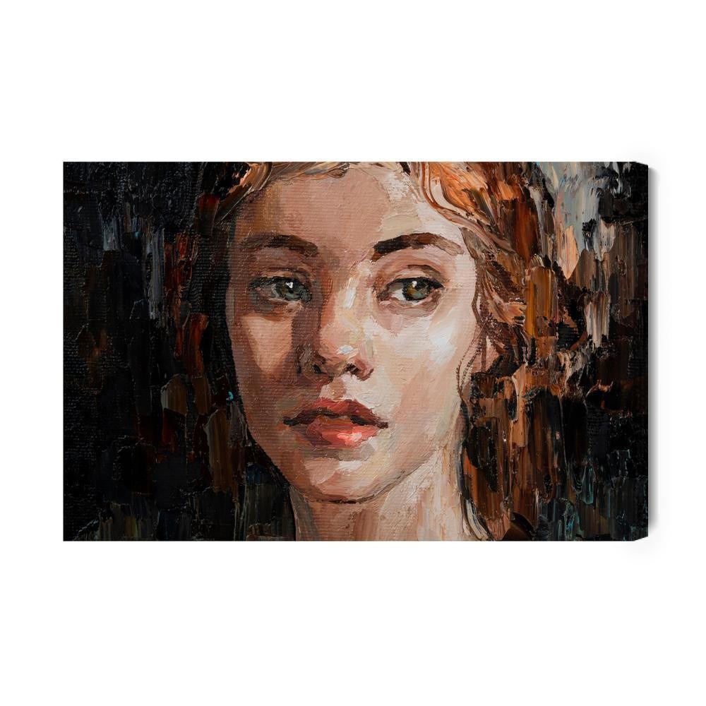 Lærred - Portrait of a young dreamy girl with curly brown hair