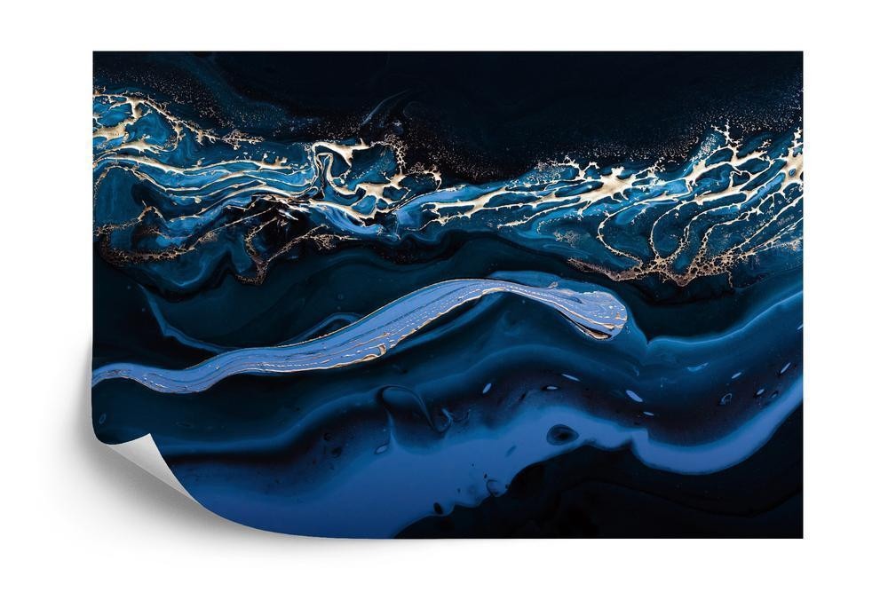 Fototapet - Fluid art. liquid metallic gold in abstract blue wave. marble effect background or texture