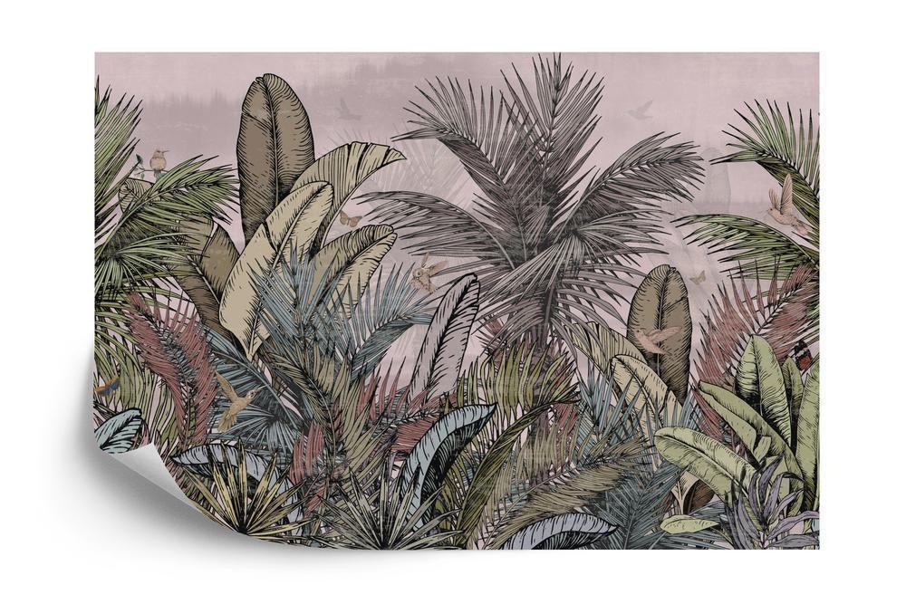 Fototapet - Pattern wallpaper jungle tropical drawings of palms trees and birds of different colors with birds and pink 