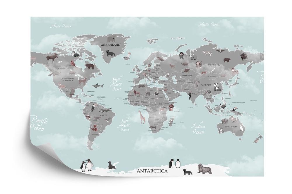 Fototapet - Animals world map for kids wallpaper design