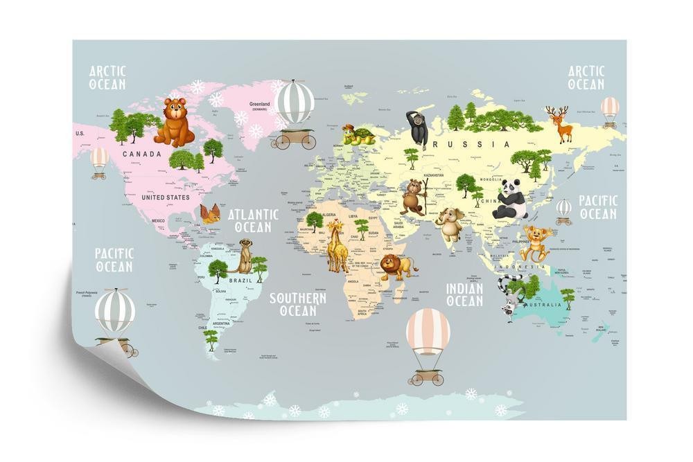 Fototapet - Animals world map for kids wallpaper design