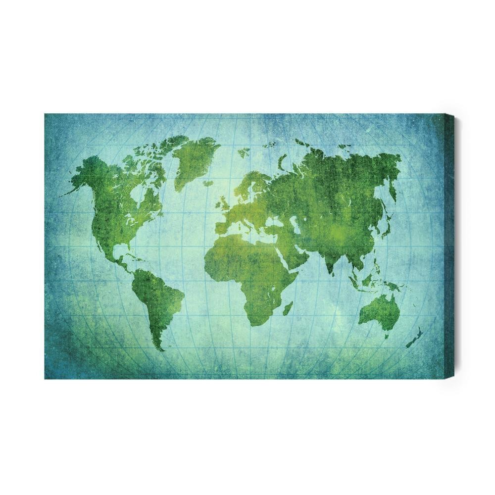 Lærred - Grøn-Blå verdenskort