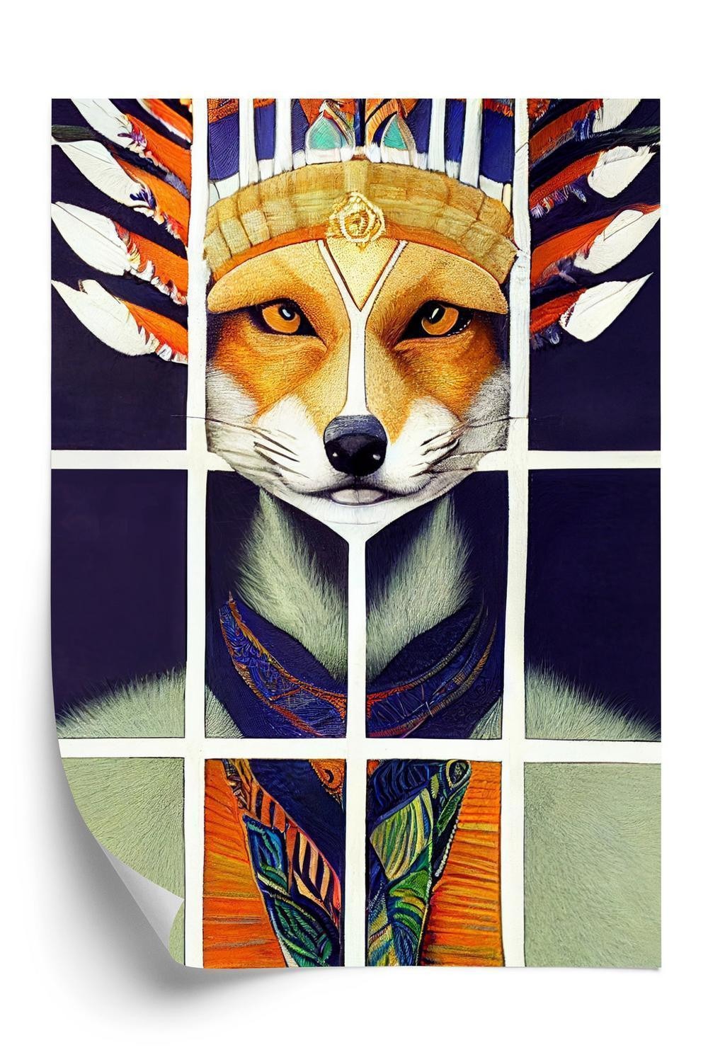 Plakat - Red tribal fox portrait. vintage hand drawn for t-Shirt poster clothes.