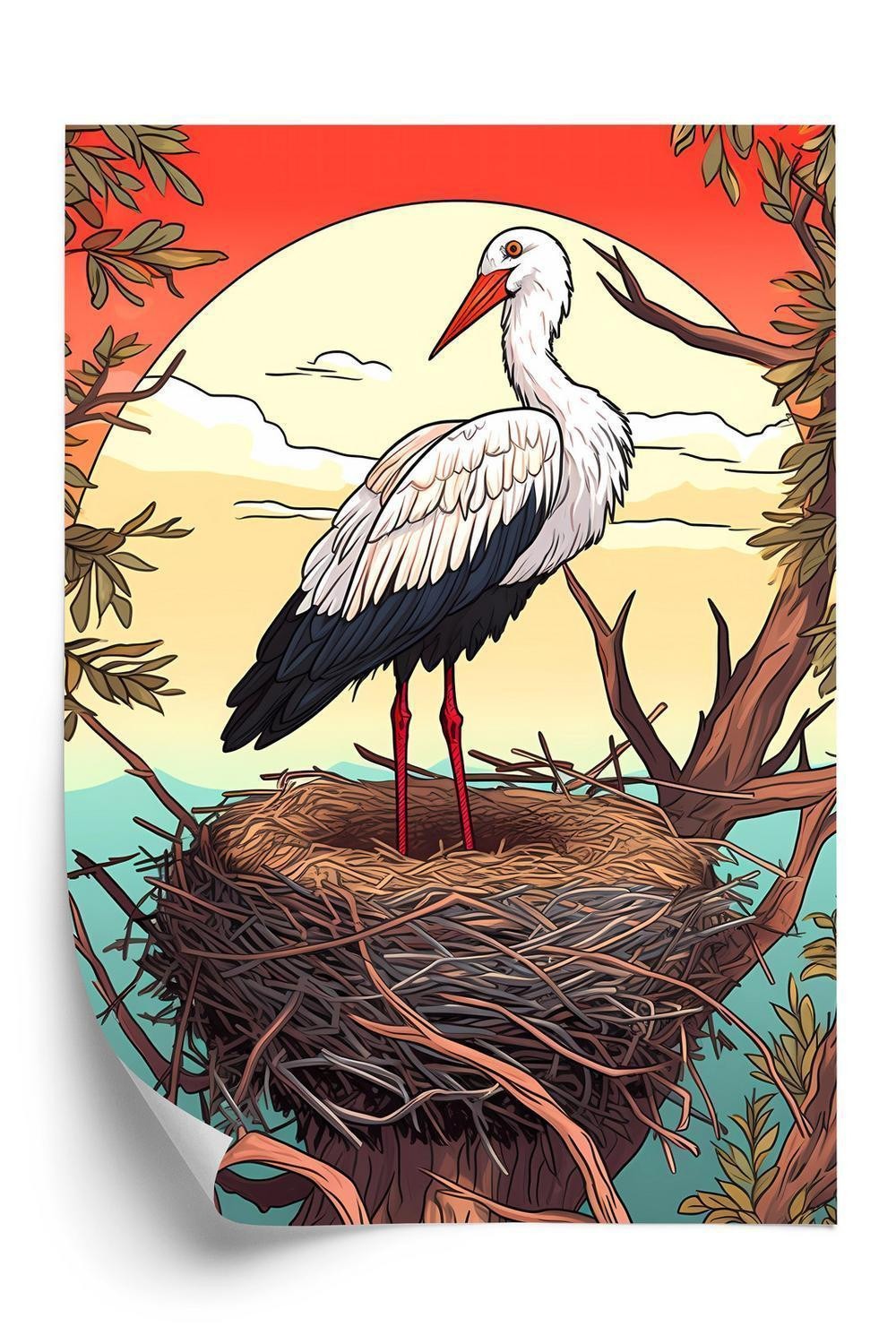 Plakat - Stork i reden mod solens baggrund