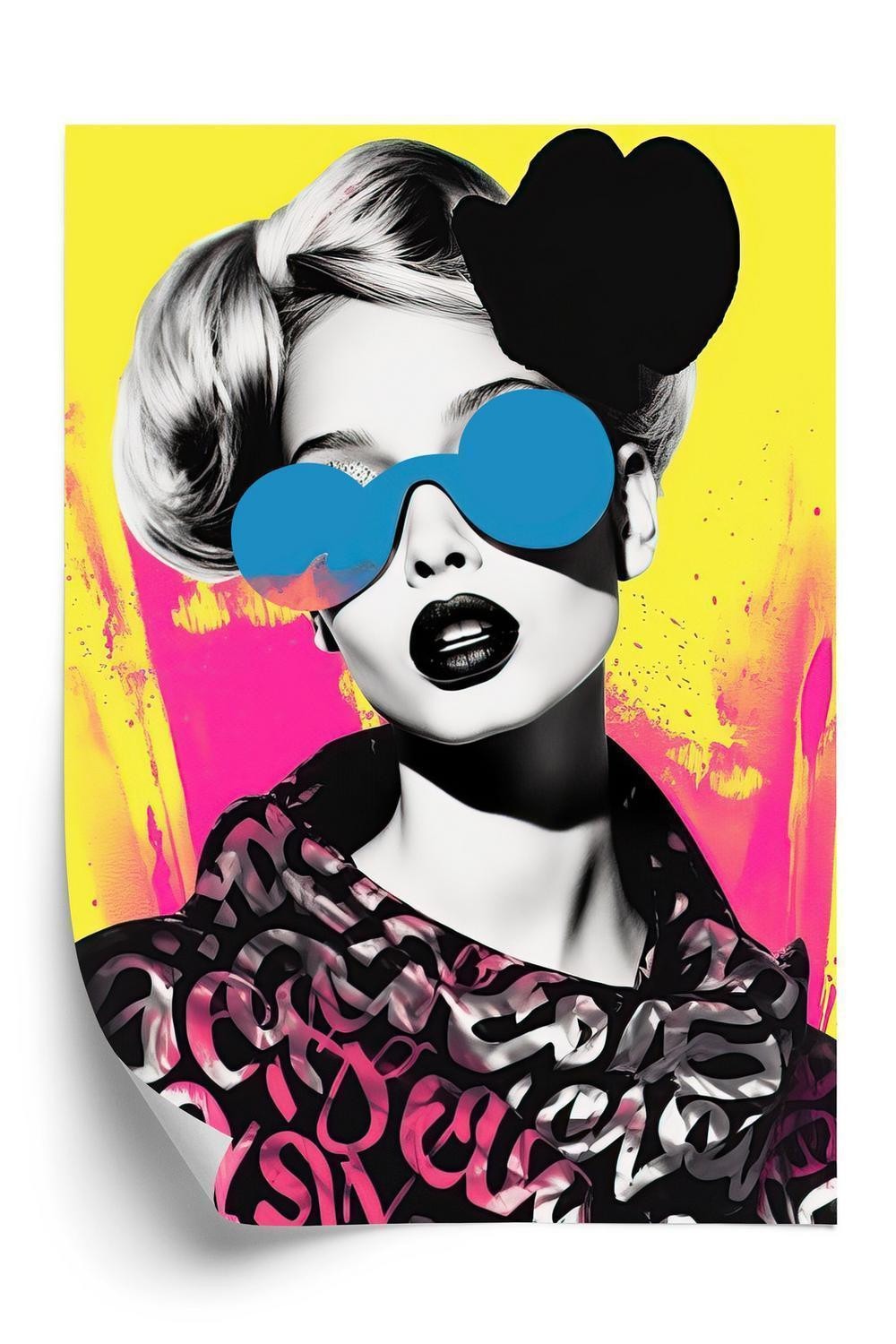 Plakat - Pop collage of a beautiful female fashion model with sunglasses over scolorful and vibrant patterns and shapes 