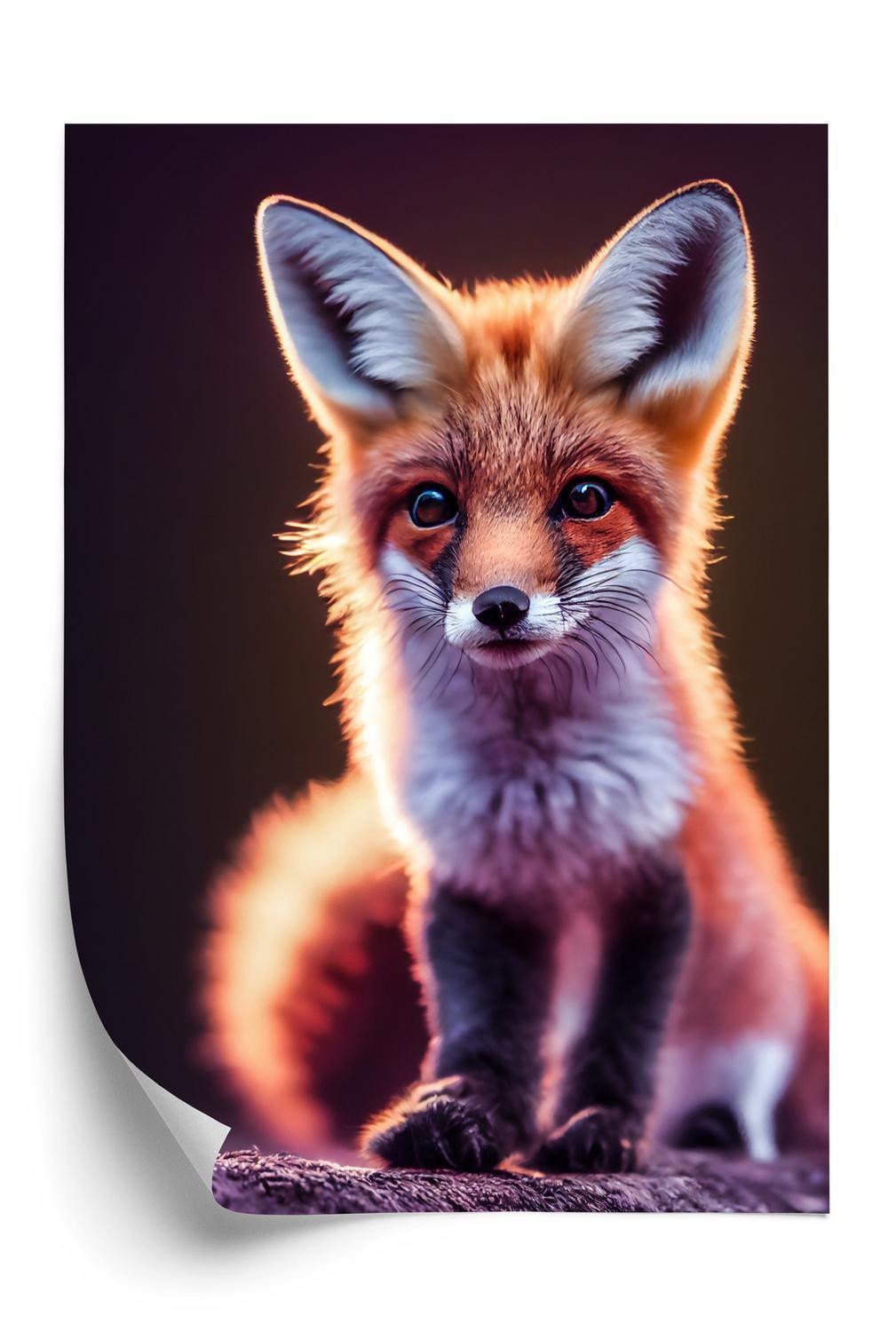 Plakat - Red fox portrait. cute baby of fox sitting on stone. adorable furry fox pup.