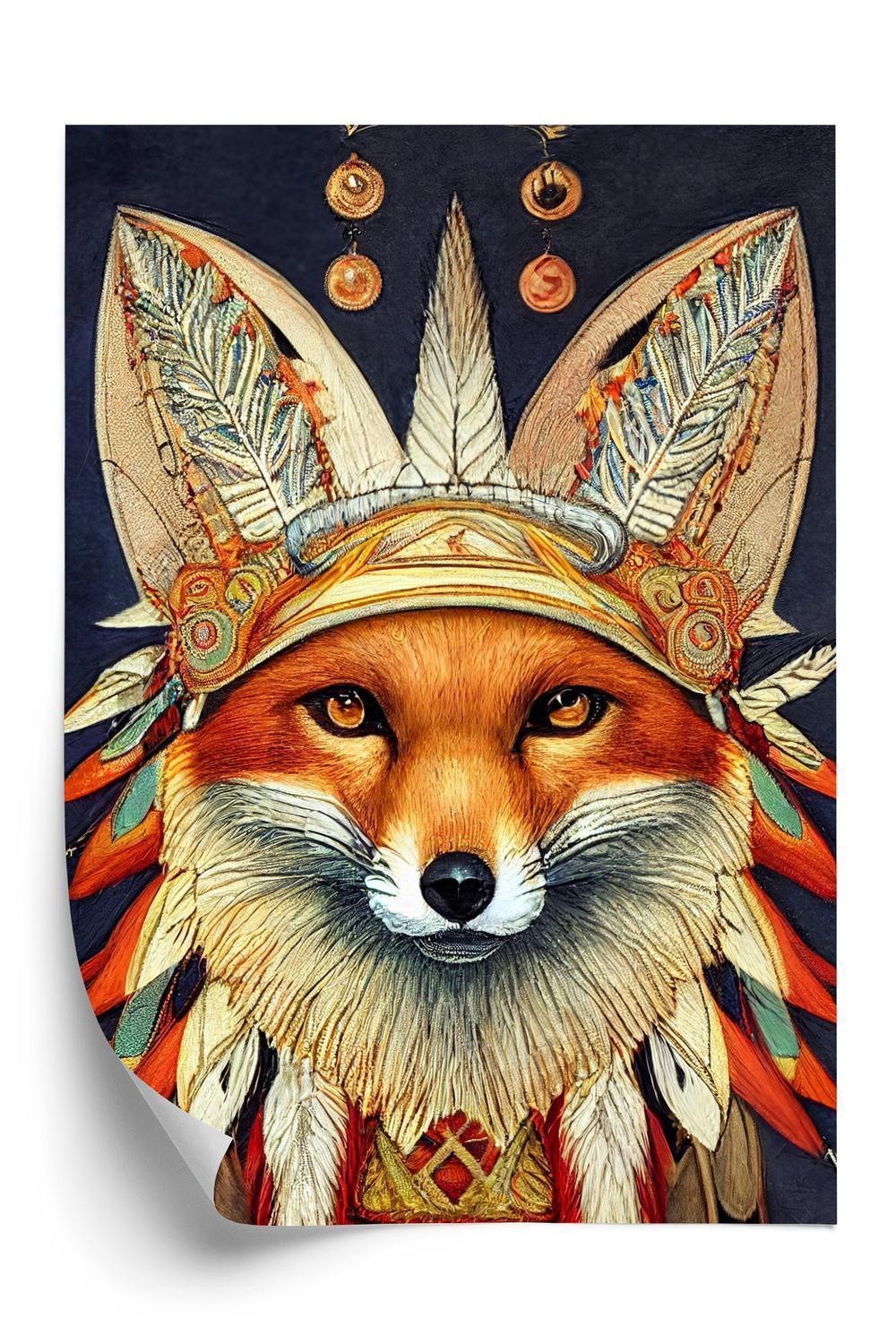 Plakat - Red tribal fox portrait. vintage hand drawn for t-Shirt poster clothes.