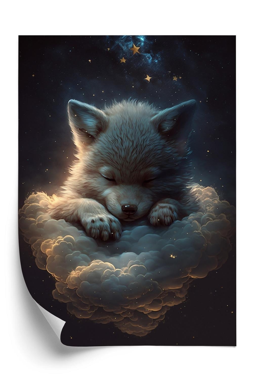 Plakat - Et sødt ulvedyr der sover på luftige skyer