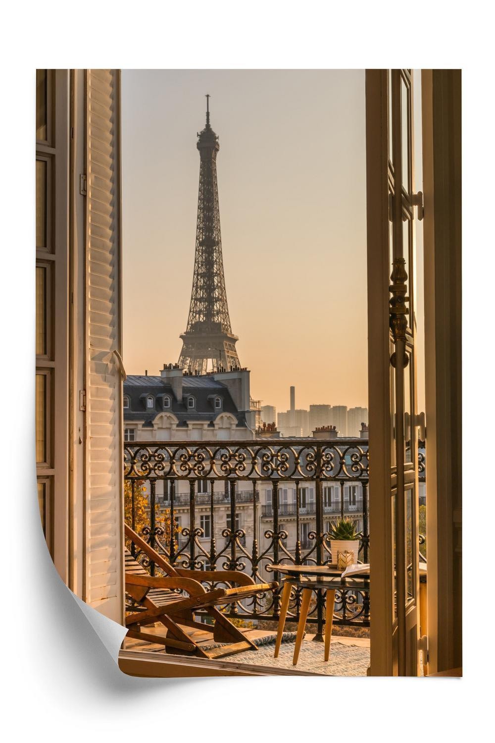 Plakat - Udsigt fra vinduet i paris eiffeltårnet ved solnedgang