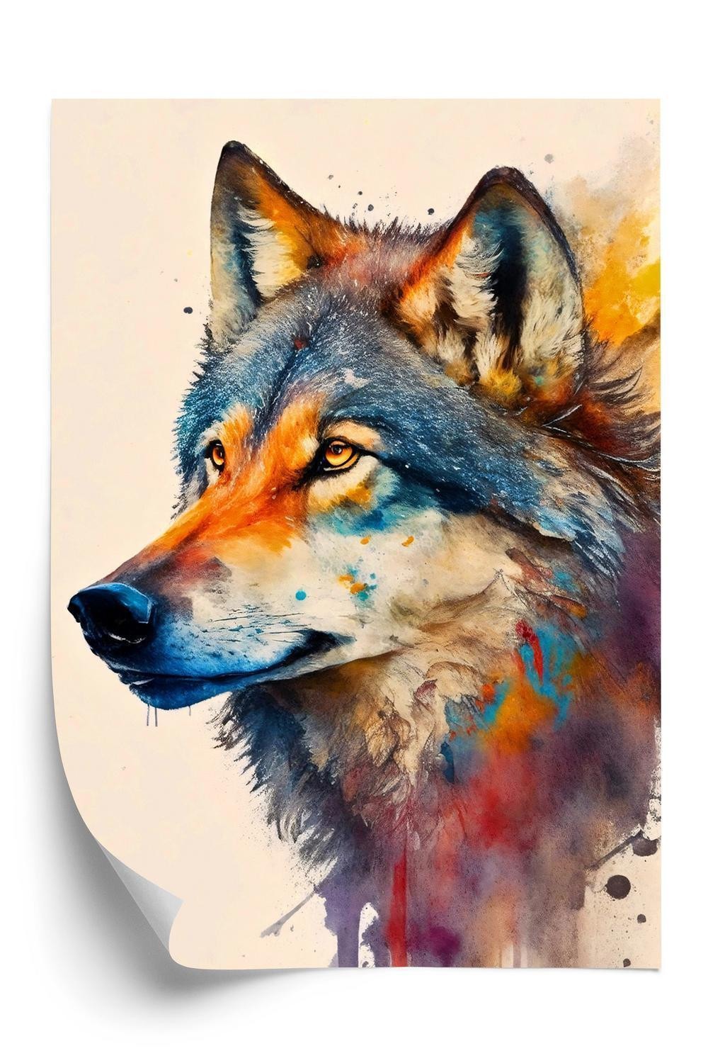 Plakat - Portræt med en farverig ulv