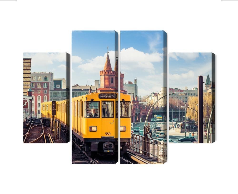 Flerdelt lærred gult tog i berlin på jernbaneskinnerne