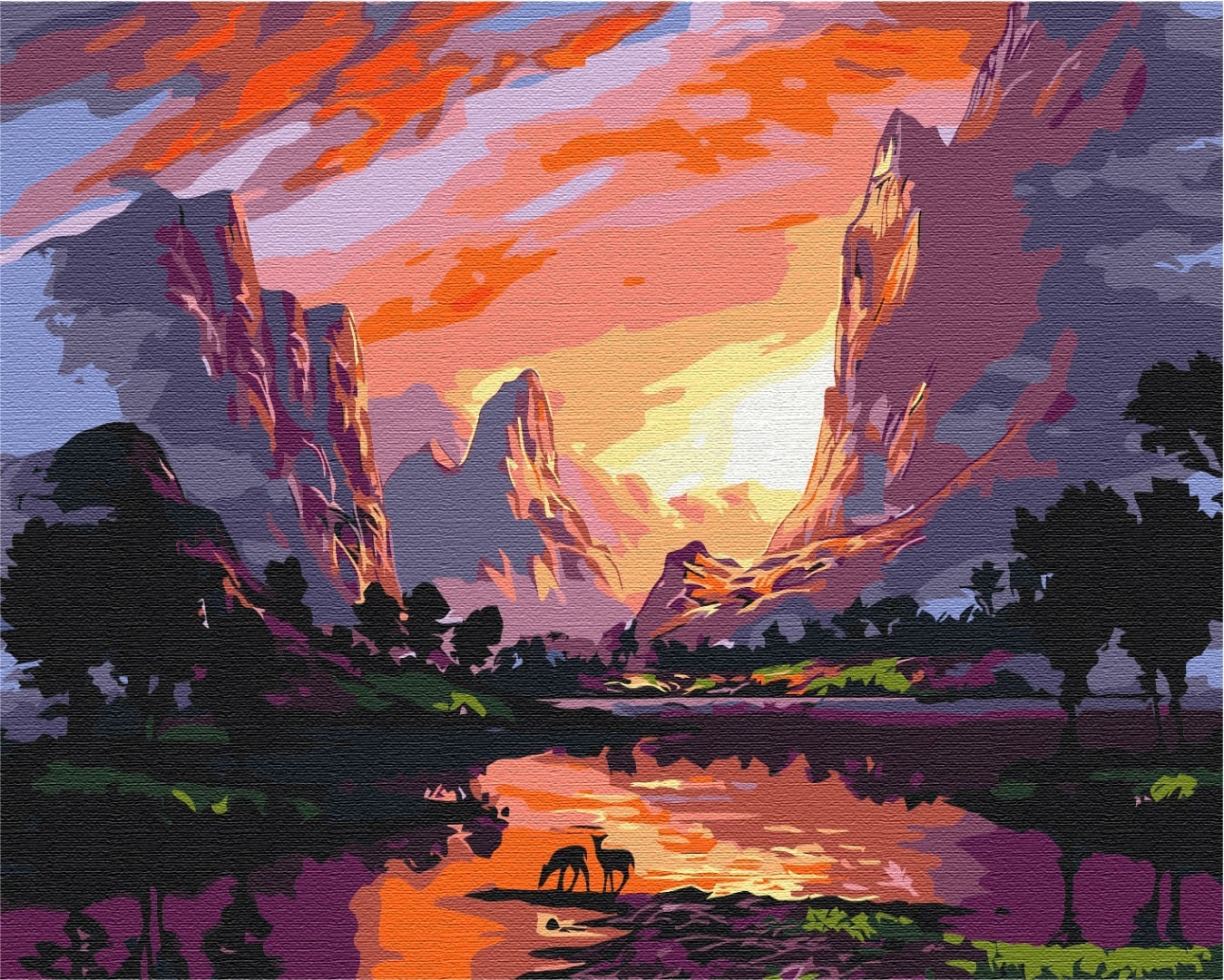 Mal efter tal - Bright sunset in the mountains