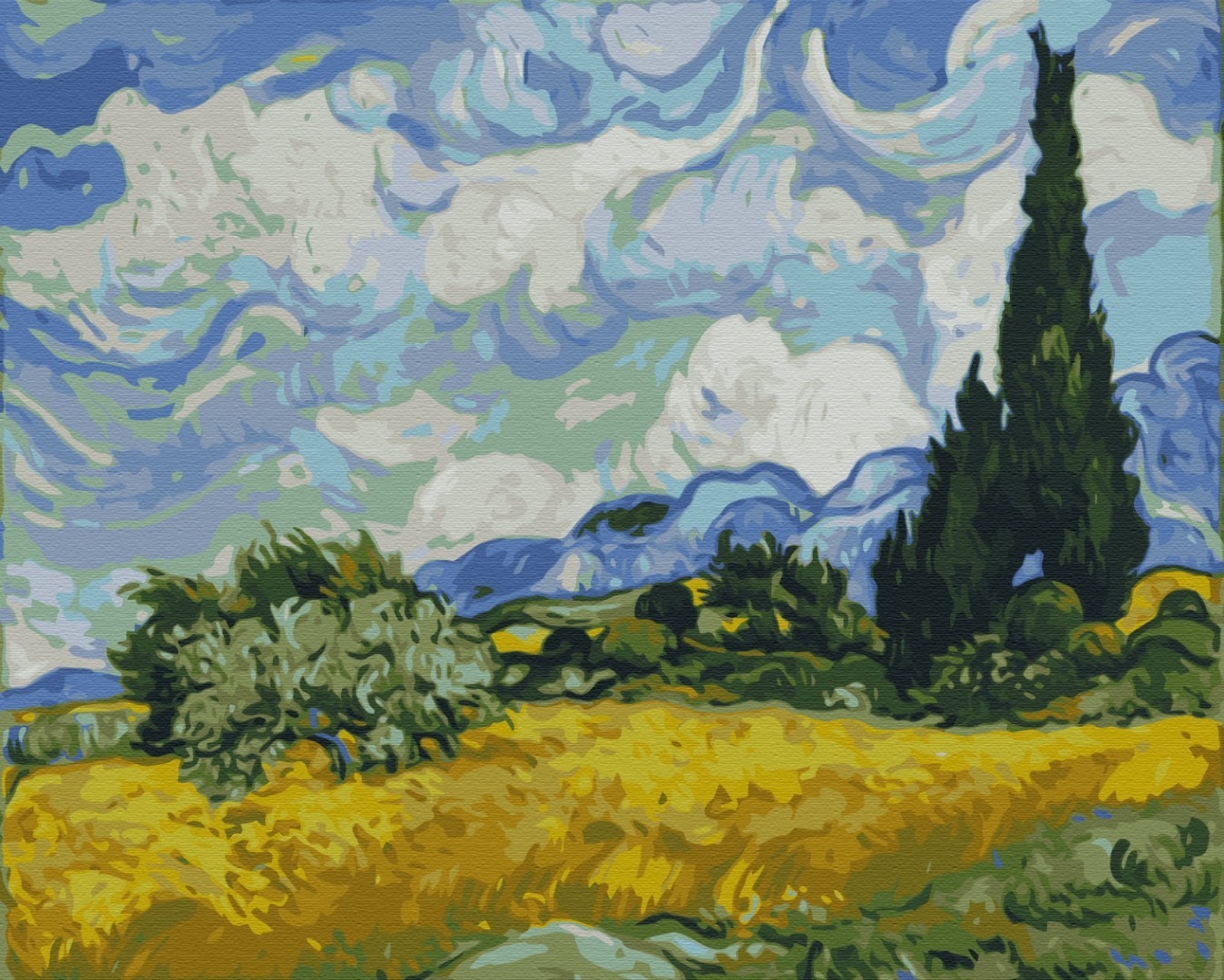 Mal efter tal - Green Wheat Field with Cypress. Vincent van Gogh