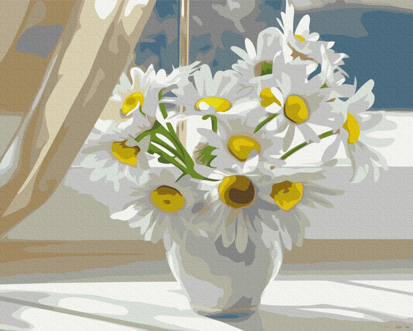 Mal efter tal - Chamomiles in a white vase on the window